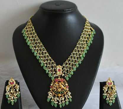 Gold tone pink-green-white kundan jadau pearl-sea green beaded lotus bird necklace dj-50238