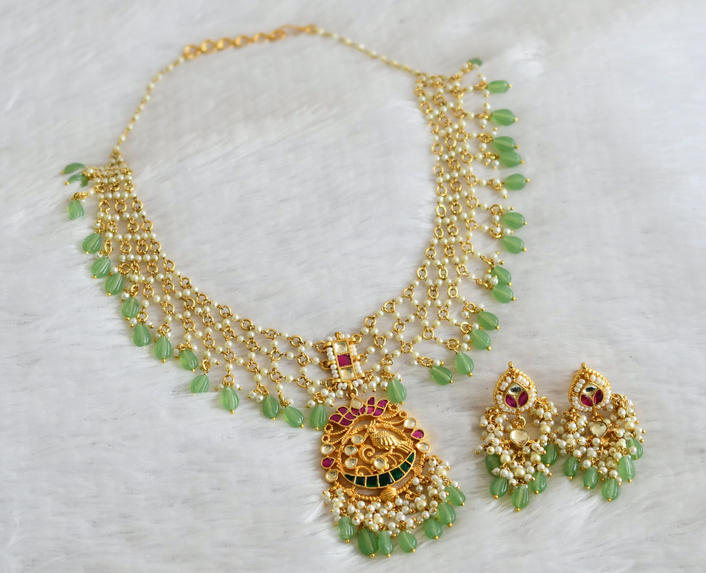 Gold tone pink-green-white kundan jadau pearl-sea green beaded lotus bird necklace dj-50238