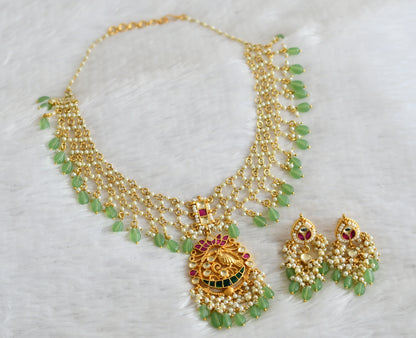 Gold tone pink-green-white kundan jadau pearl-sea green beaded lotus bird necklace dj-50238