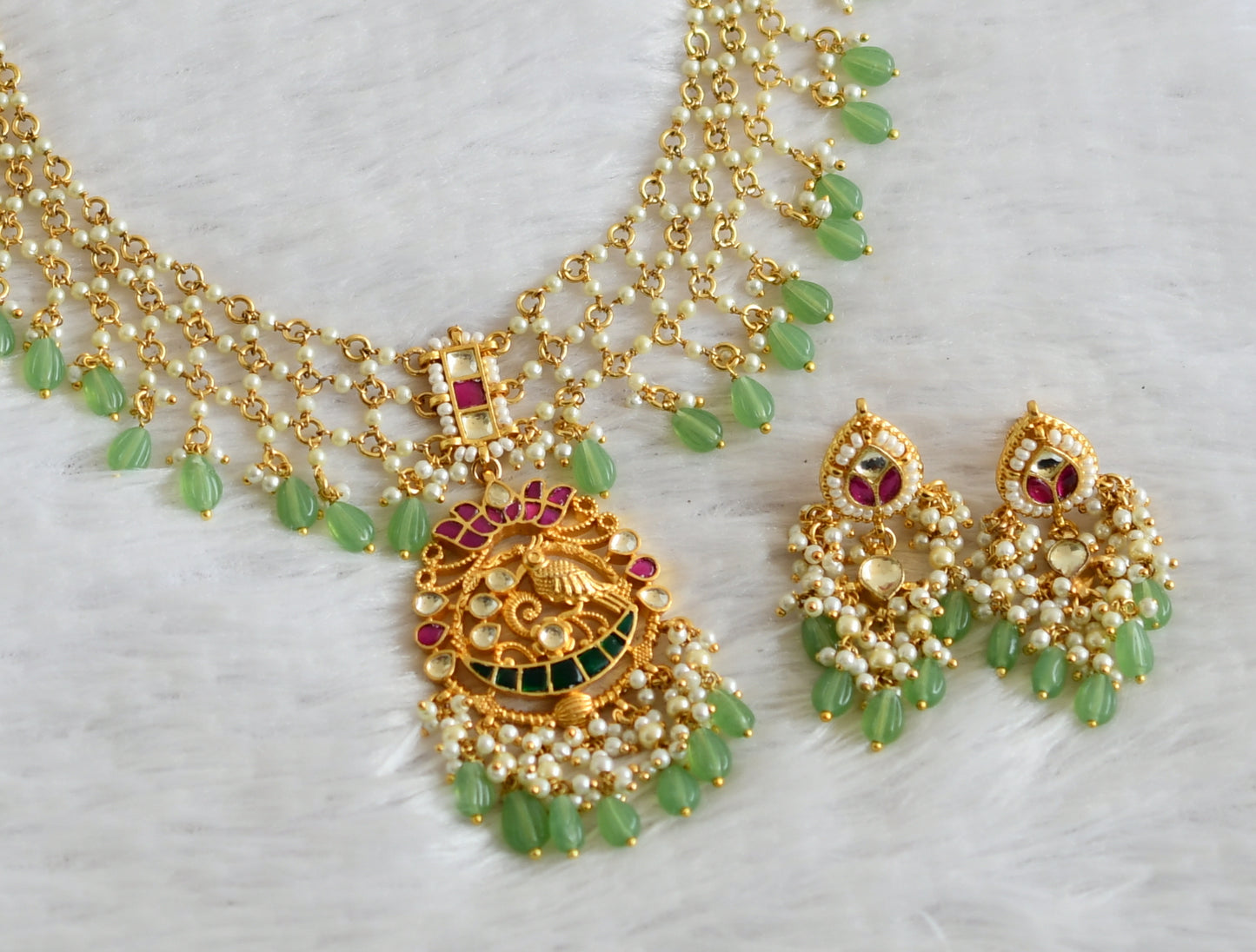 Gold tone pink-green-white kundan jadau pearl-sea green beaded lotus bird necklace dj-50238