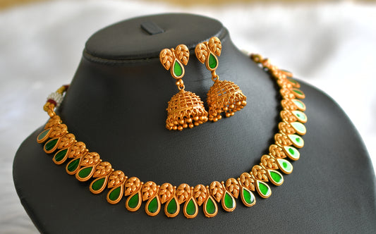 Matte finish green thilak shape necklace set dj-43295