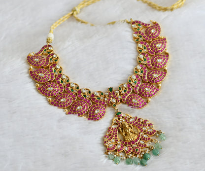 Matte finish pink-green-white kundan jadau green beaded lakshmi peacock necklace dj-50250