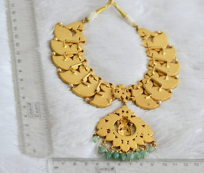 Matte finish pink-green-white kundan jadau green beaded lakshmi peacock necklace dj-50250