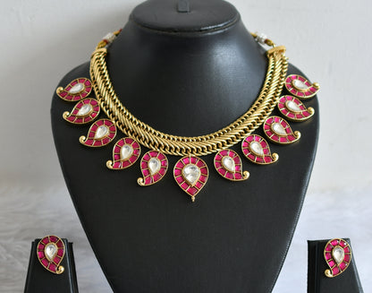 Antique gold tone pink-white kundan jadau huge mango bridal necklace set dj-50245