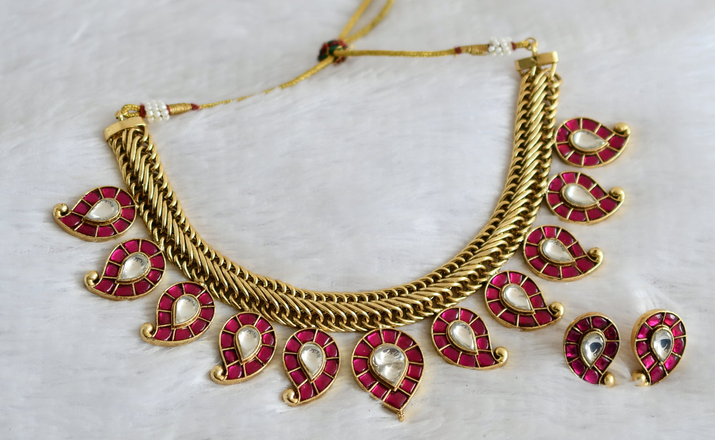 Antique gold tone pink-white kundan jadau huge mango bridal necklace set dj-50245