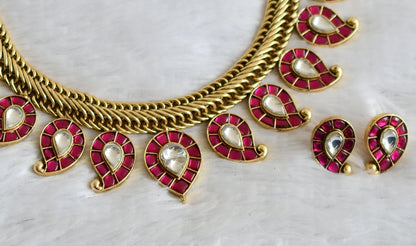 Antique gold tone pink-white kundan jadau huge mango bridal necklace set dj-50245