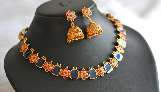 Matte finish pink-blue block stone flower kerala style necklace set dj-43291