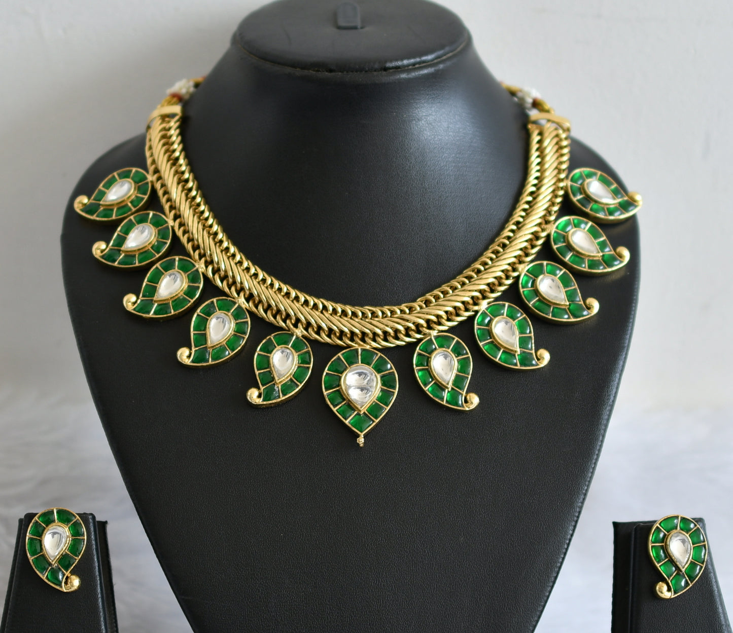 Antique gold tone green-white kundan jadau mango huge bridal jadau necklace dj-50247