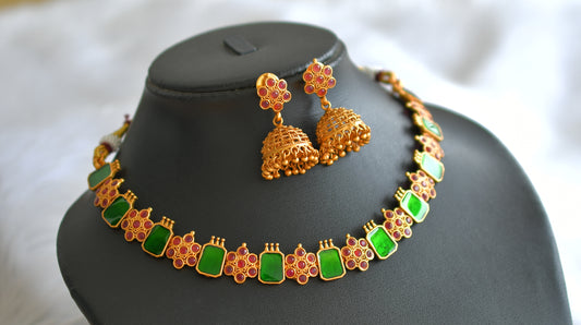 Matte finish pink-green block stone flower kerala style necklace set dj-43292