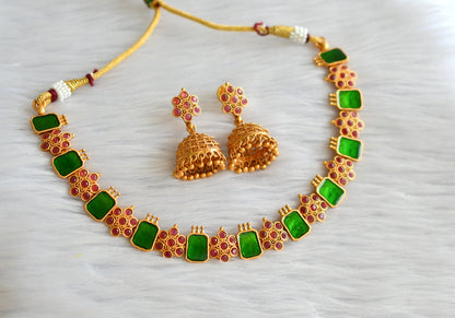 Matte finish pink-green block stone flower kerala style necklace set dj-43292