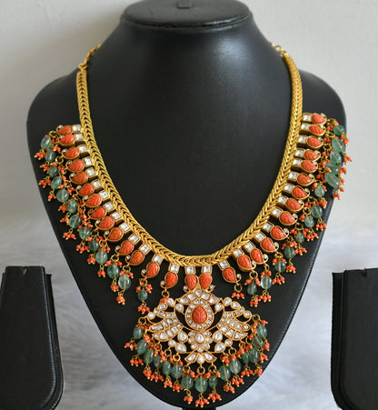 Matte finish carved coral-white kundan jadau green beaded mango necklace dj-50251
