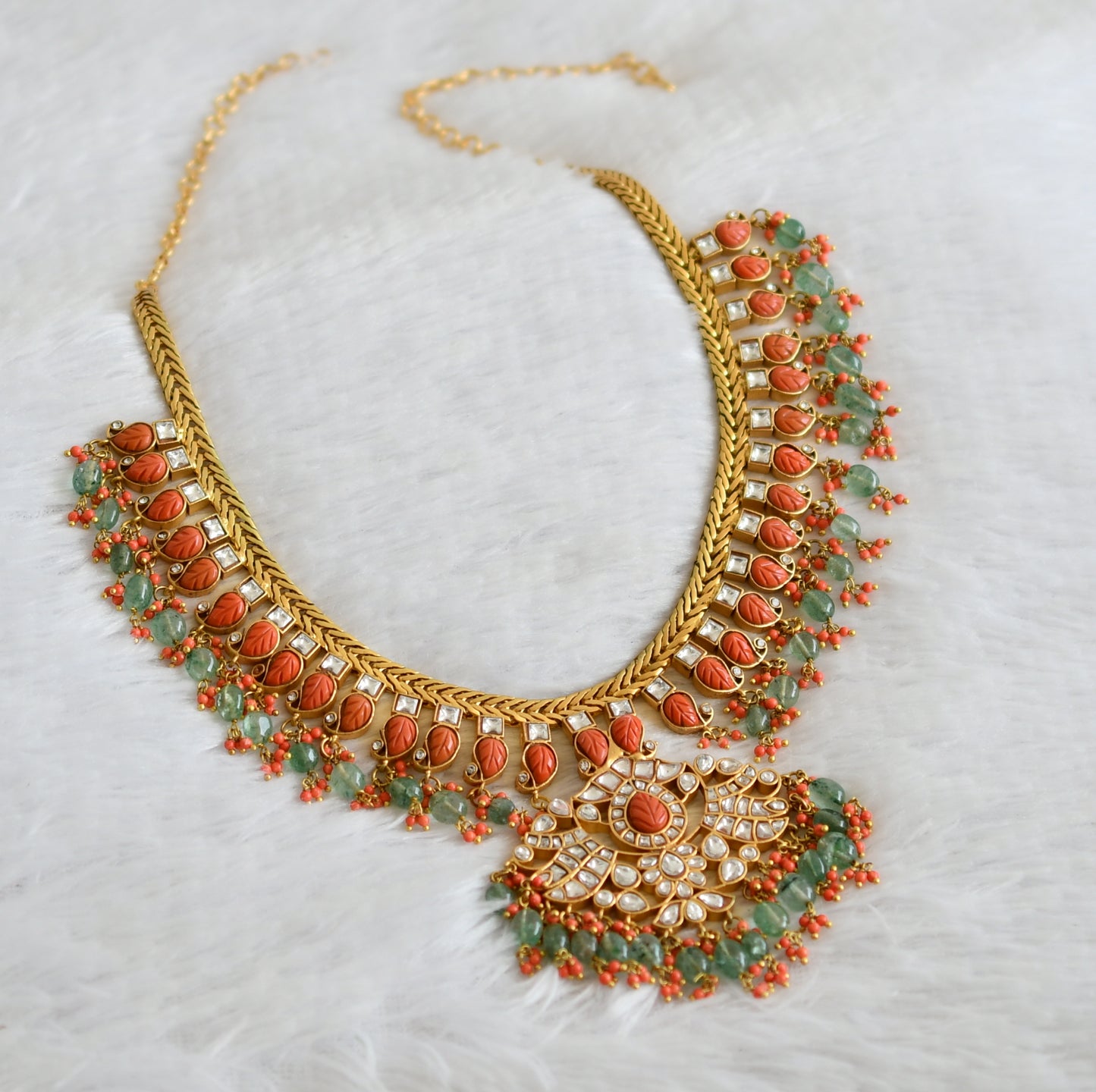 Matte finish carved coral-white kundan jadau green beaded mango necklace dj-50251