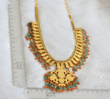 Matte finish carved coral-white kundan jadau green beaded mango necklace dj-50251