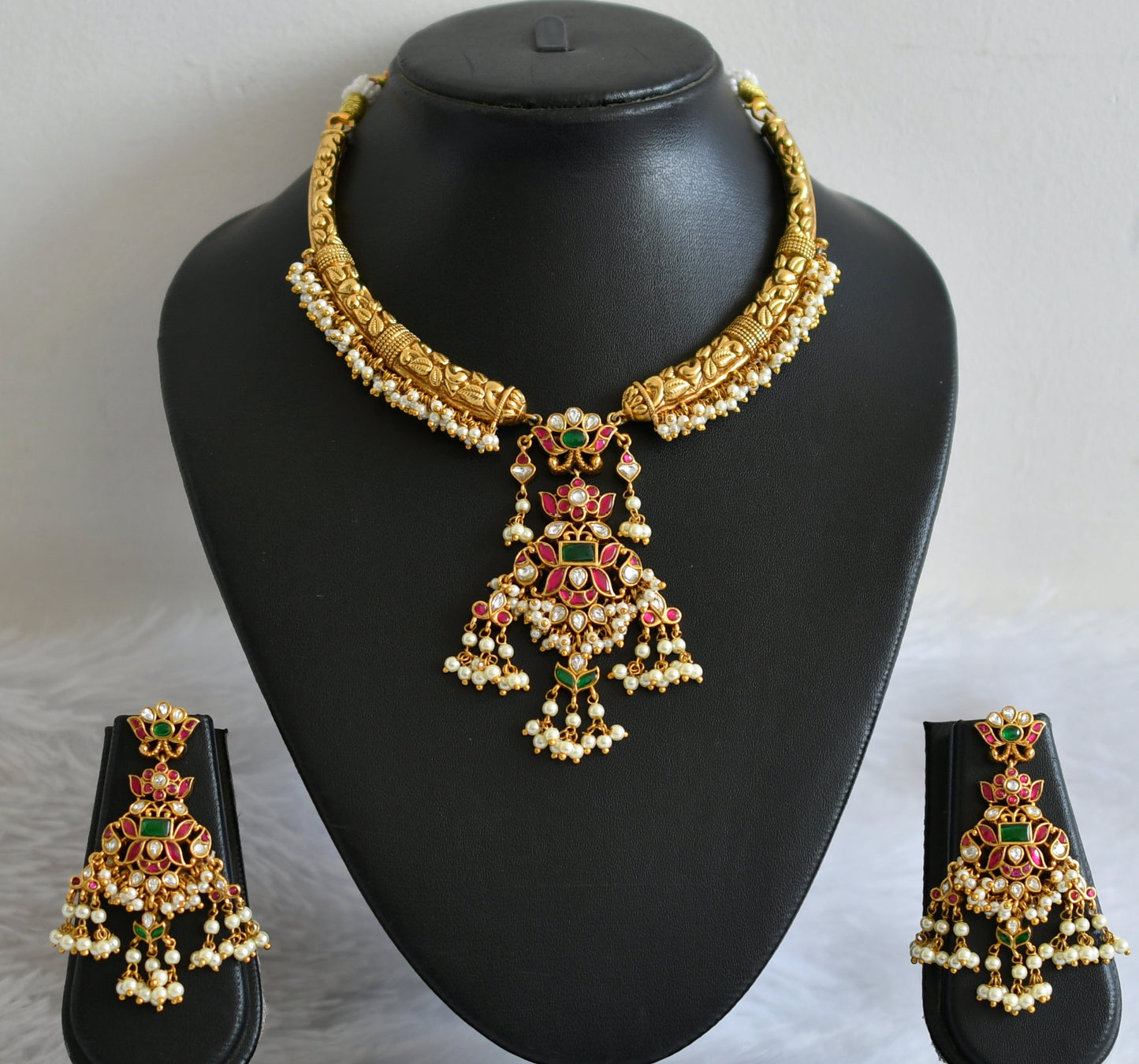 Antique gold tone pink-green-white kante kundan jadau pearl cluster necklace set dj-50248