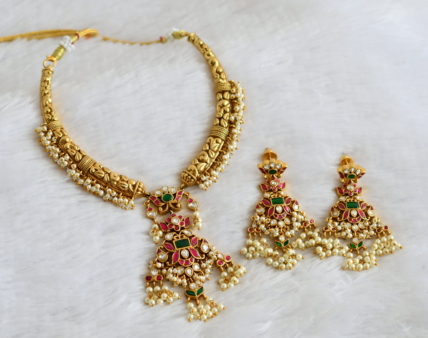 Antique gold tone pink-green-white kante kundan jadau pearl cluster necklace set dj-50248