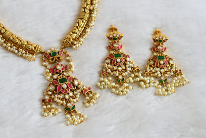 Antique gold tone pink-green-white kante kundan jadau pearl cluster necklace set dj-50248