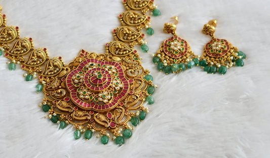 Antique gold tone pink-green-white huge kundan jadau green beaded flower necklace set dj-50252