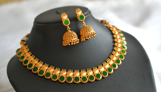 Matte finish green round kerala style necklace set dj-43293