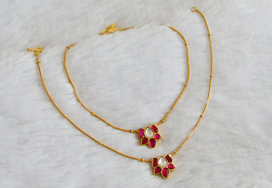 Gold tone pink-white kundan jadau lotus anklets dj-50231