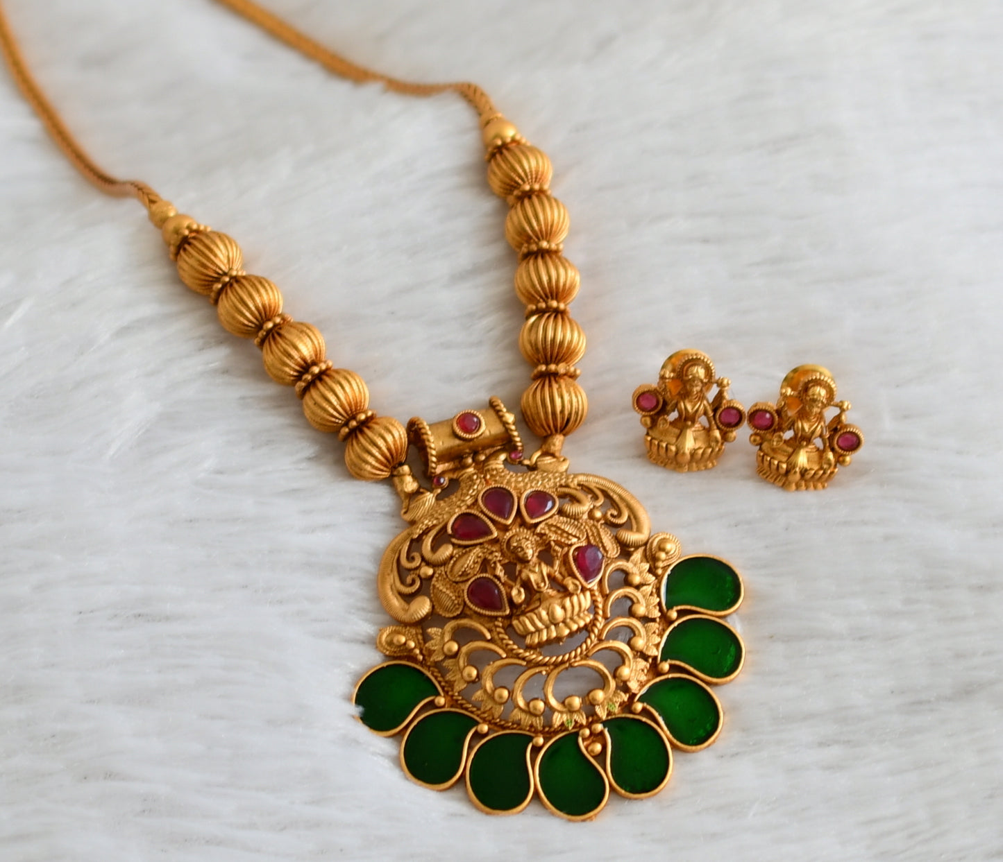 Matte finish kerala style ruby-green mango lakshmi kodi necklace set dj-48234