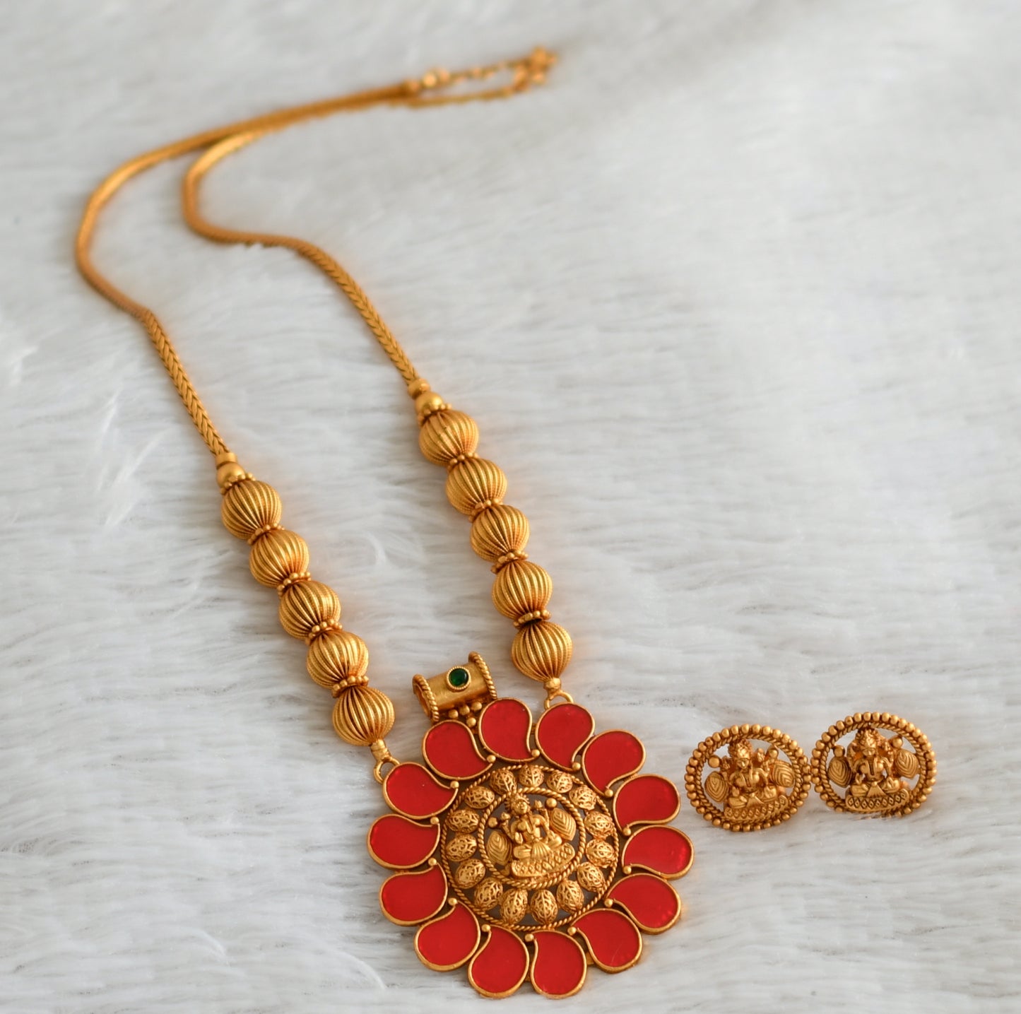 Matte finish kerala style red mango lakshmi kodi necklace set dj-48238