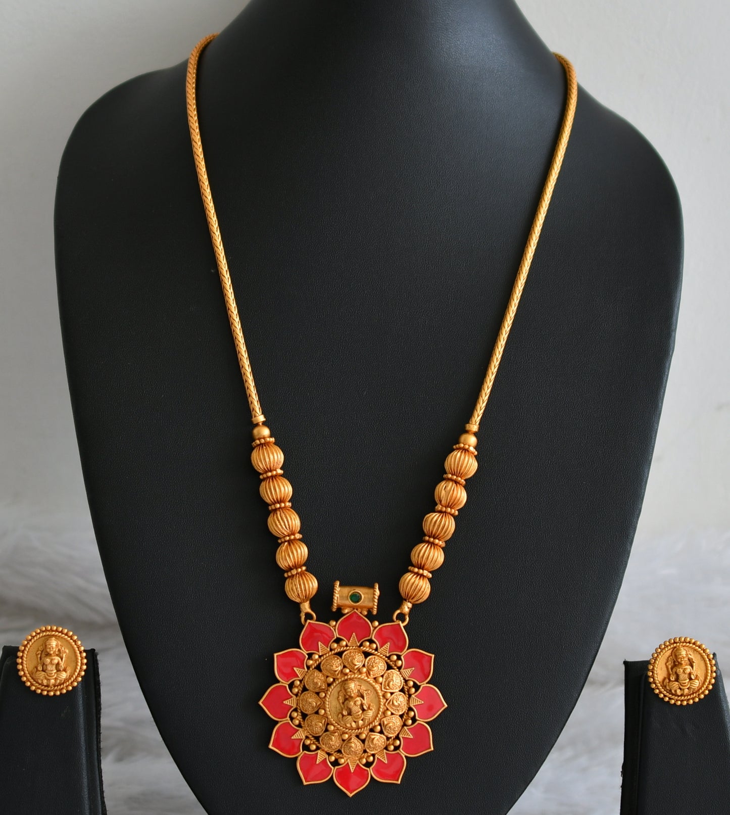 Matte finish kerala style red palakka lakshmi kodi necklace set dj-48241