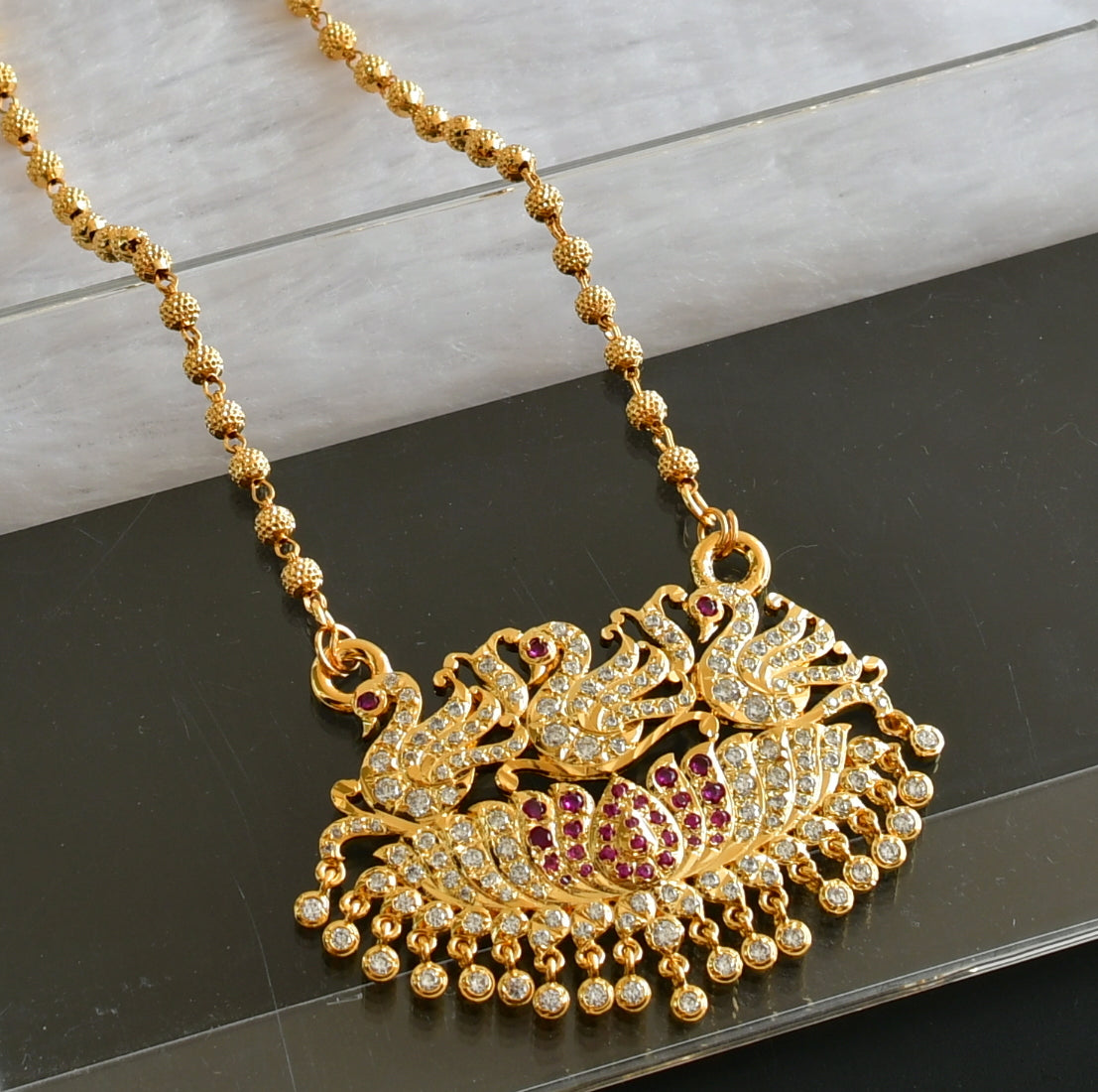 Gold Tone AD White-pink Annapakshi/Swan Lotus Pendant Chain DJ27704