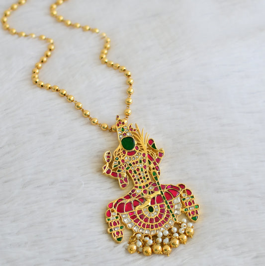 Gold tone 24 inches ball chain with pink-green-white kundan jadau kamakshi pendant dj-50228