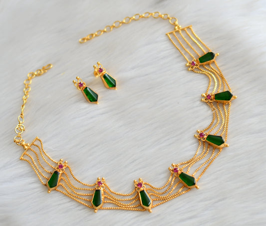 Gold tone pink-green nagapadam Kerala style choker necklace set dj-42074
