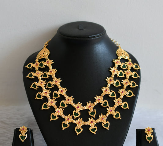 Gold tone pink stone Green palakka flower Kerala style double layer necklace set dj-41927