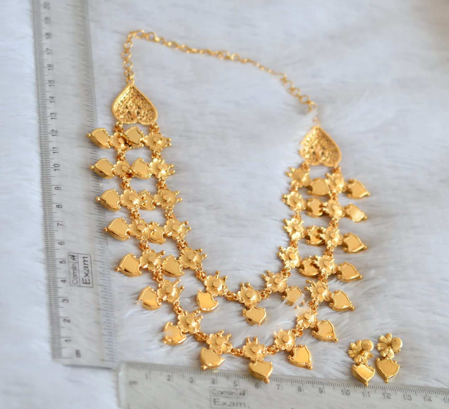 Gold tone pink stone Green palakka flower Kerala style double layer necklace set dj-41927