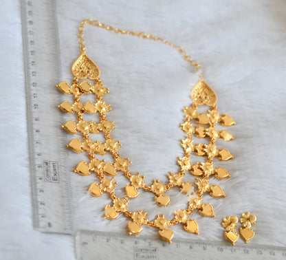 Gold tone pink stone Green palakka flower Kerala style double layer necklace set dj-41927