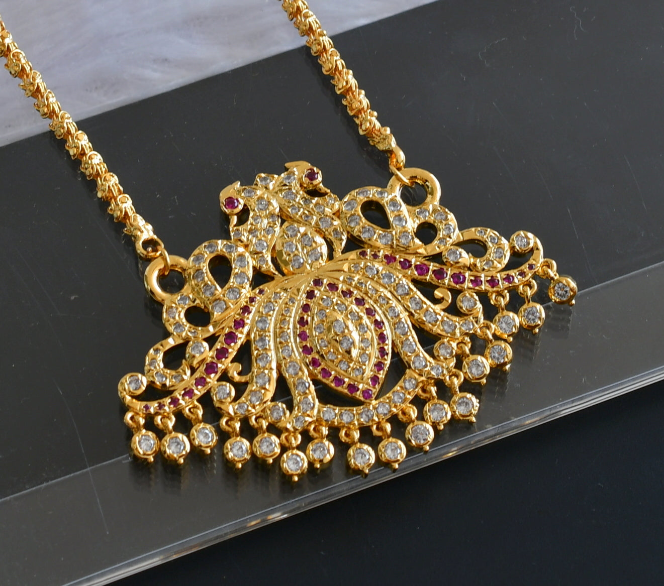 Gold Tone AD White-pink Peacock Lotus Pendant Chain DJ27706