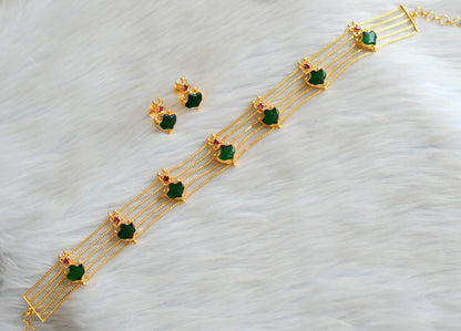 Gold tone pink-green palakka Kerala style choker necklace set dj-42069