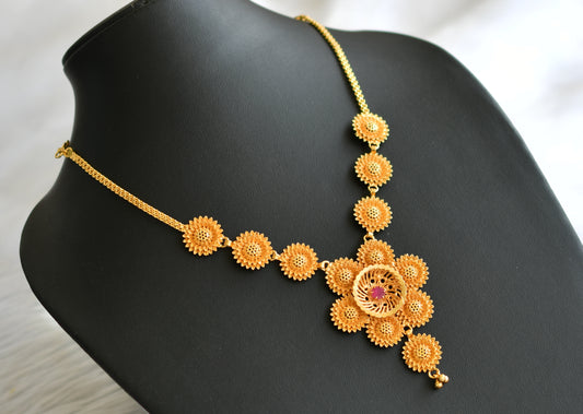 Matte gold tone kerala style ruby flower necklace dj-43334