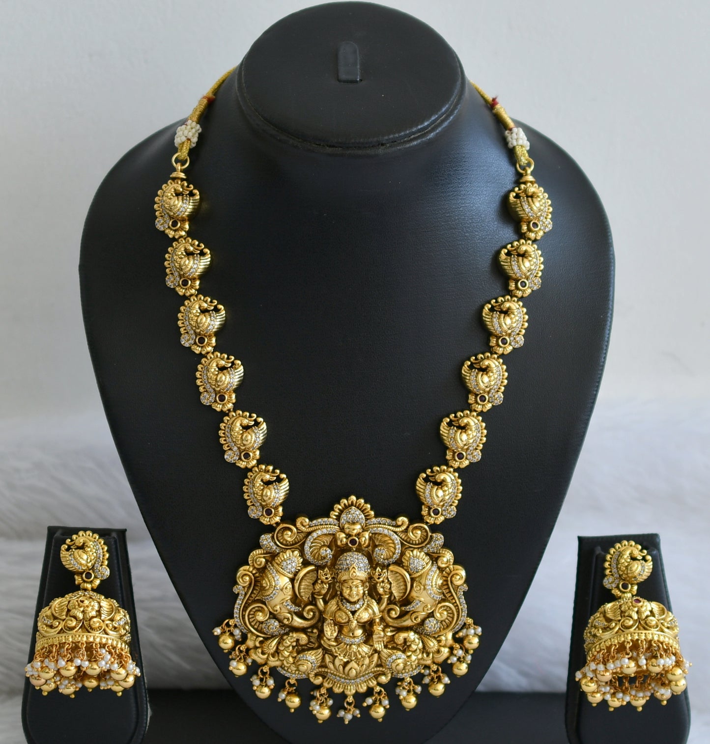 Antique gold look alike Cz Lakshmi peacock Necklace set dj-42700