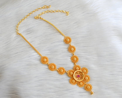 Matte gold tone kerala style ruby flower necklace dj-43334