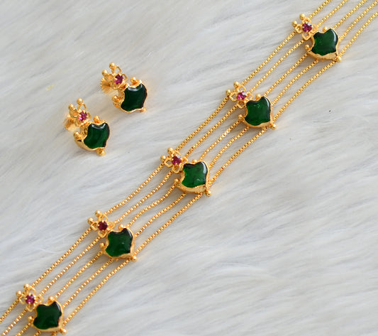 Gold tone pink-green palakka Kerala style choker necklace set dj-42069