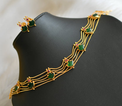 Gold tone pink-green palakka Kerala style choker necklace set dj-42069