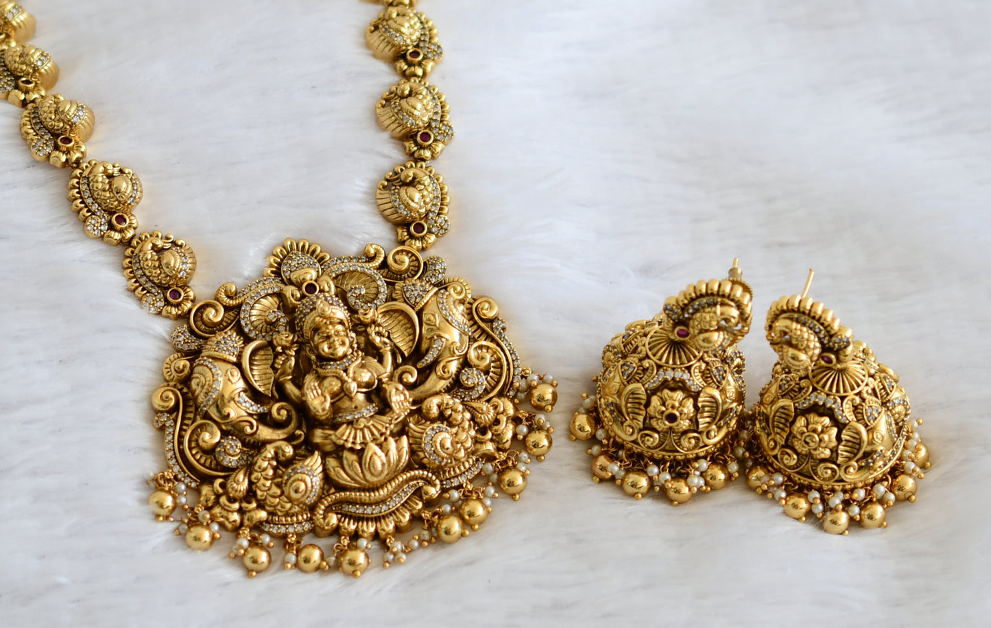 Antique gold look alike Cz Lakshmi peacock Necklace set dj-42700