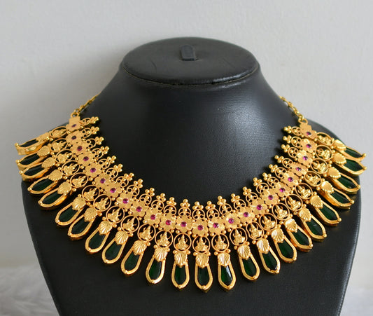 Gold replica Kerala style AD pink-Green Nagapadam-Lakshmi necklace dj-36409