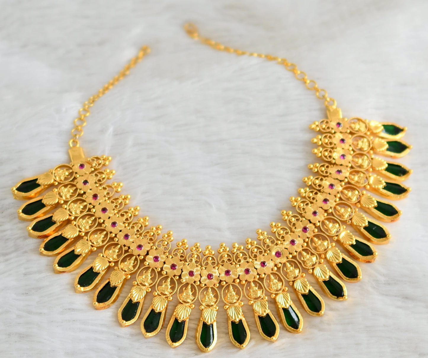 Gold replica Kerala style AD pink-Green Nagapadam-Lakshmi necklace dj-36409