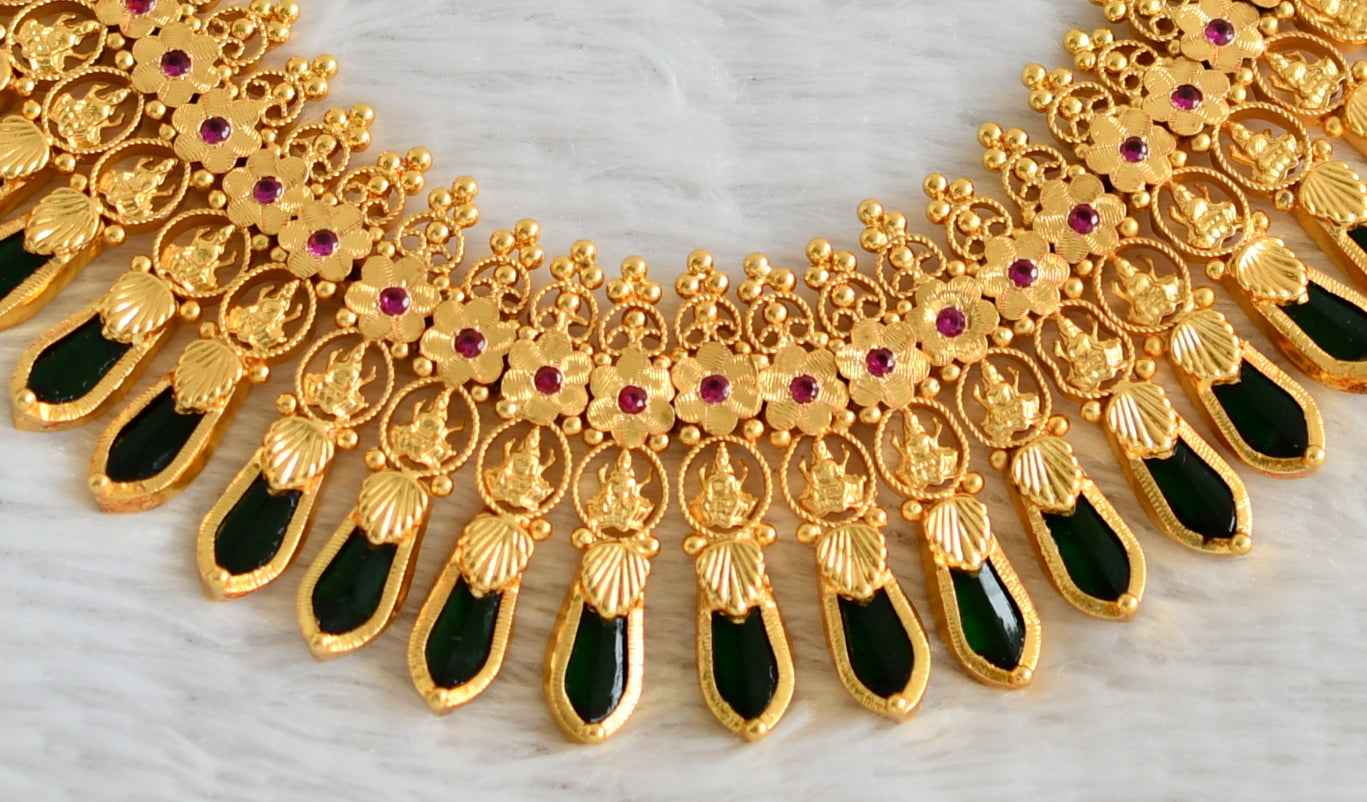 Gold replica Kerala style AD pink-Green Nagapadam-Lakshmi necklace dj-36409