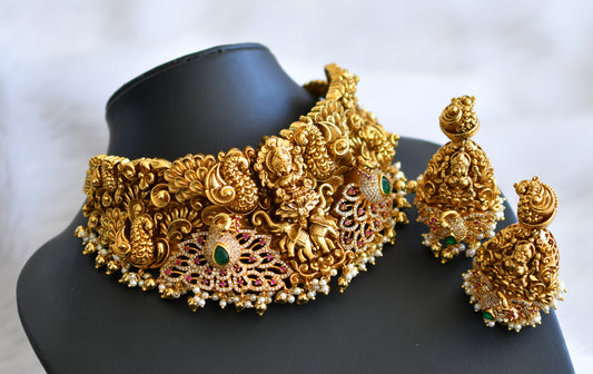 Antique gold tone ruby-green-white nakshi work lakshmi-peacock-elephant bridal choker set dj-44869