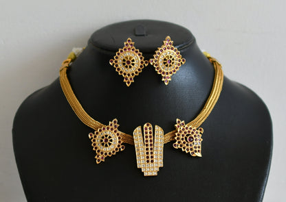 Matte finish ruby-white Nama-Shanku-Chakra necklace set dj-41477