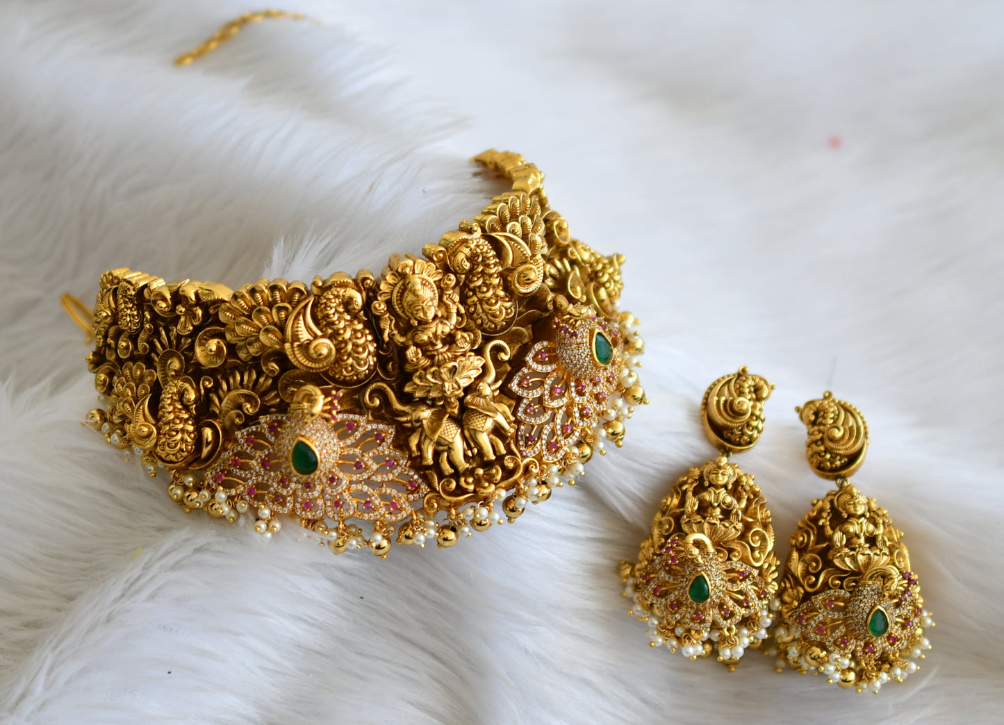 Antique gold tone ruby-green-white nakshi work lakshmi-peacock-elephant bridal choker set dj-44869