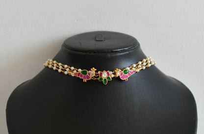 Gold tone pink-green kundan jadau lotus bird choker necklace set dj-43625