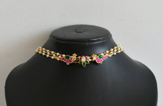 Gold tone pink-green kundan jadau lotus bird choker necklace set dj-43625