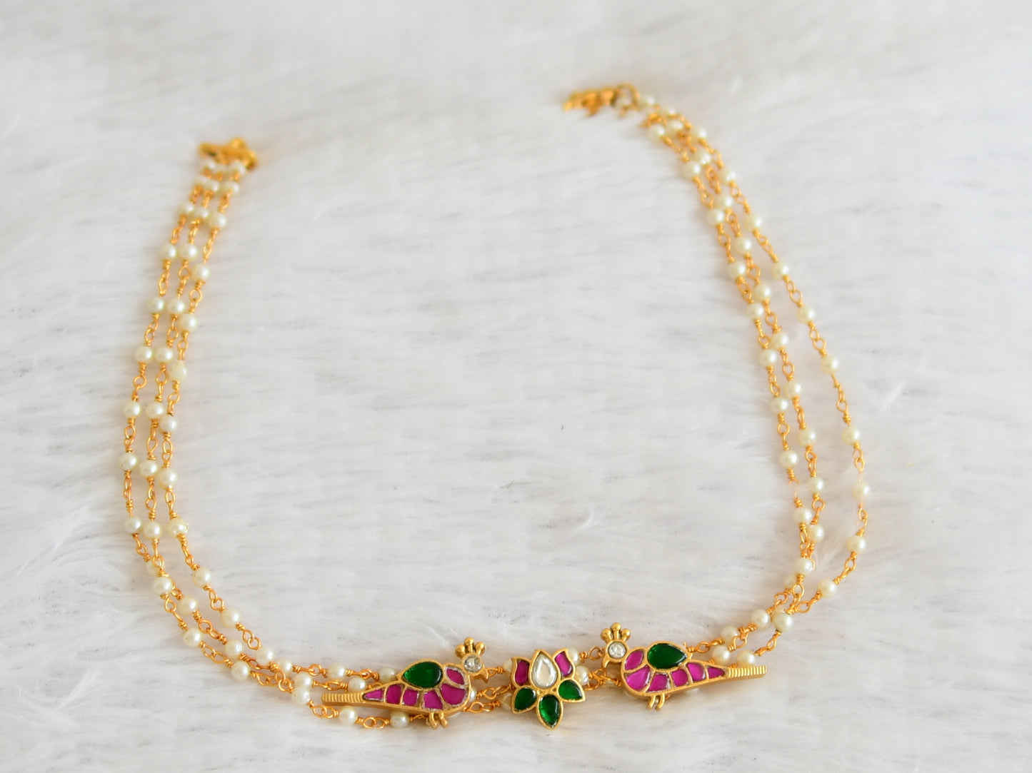 Gold tone pink-green kundan jadau lotus bird choker necklace set dj-43625