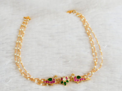 Gold tone pink-green kundan jadau lotus bird choker necklace set dj-43625